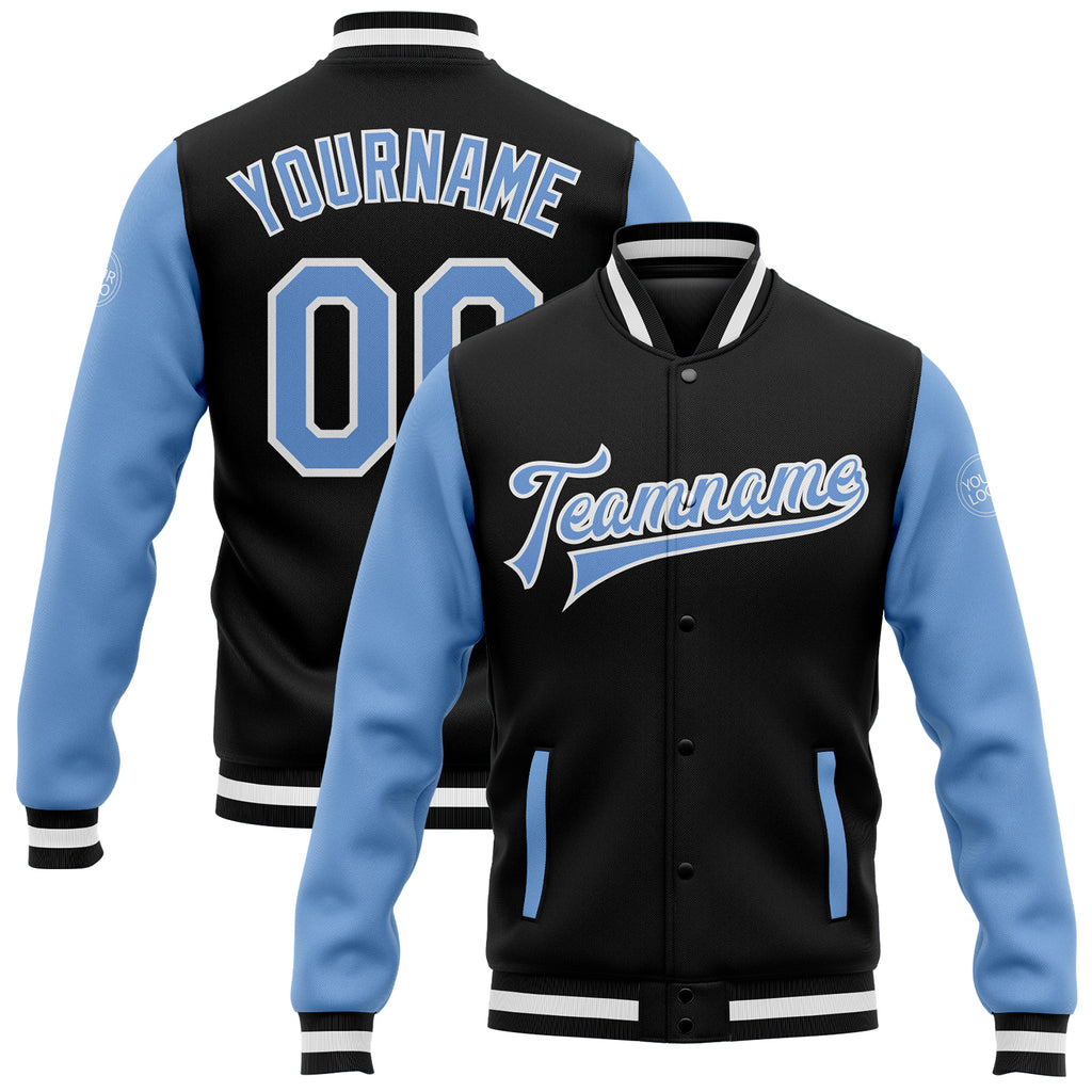 Custom Black Light Blue-White Bomber Full-Snap Varsity Letterman Two Tone Jacket