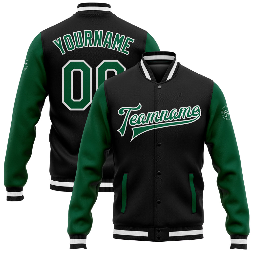 Custom Black Kelly Green-White Bomber Full-Snap Varsity Letterman Two Tone Jacket