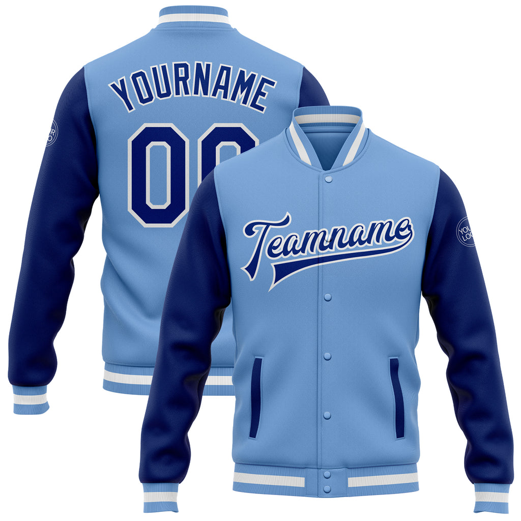 Custom Light Blue Royal-White Bomber Full-Snap Varsity Letterman Two Tone Jacket