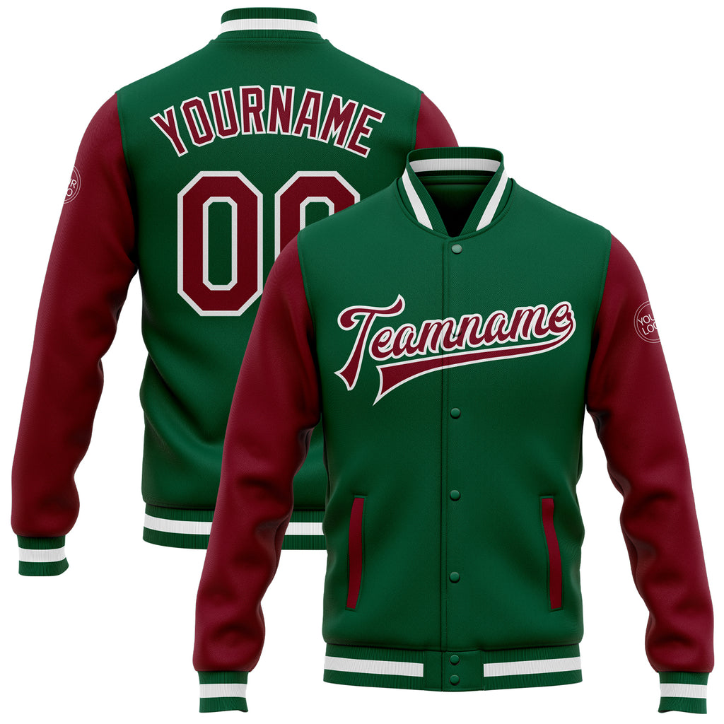 Custom Kelly Green Crimson-White Bomber Full-Snap Varsity Letterman Two Tone Jacket