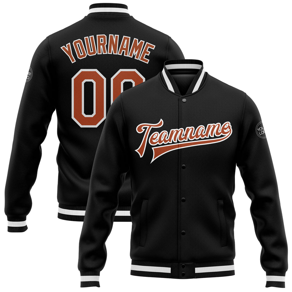 Custom Black Texas Orange-White Bomber Full-Snap Varsity Letterman Jacket