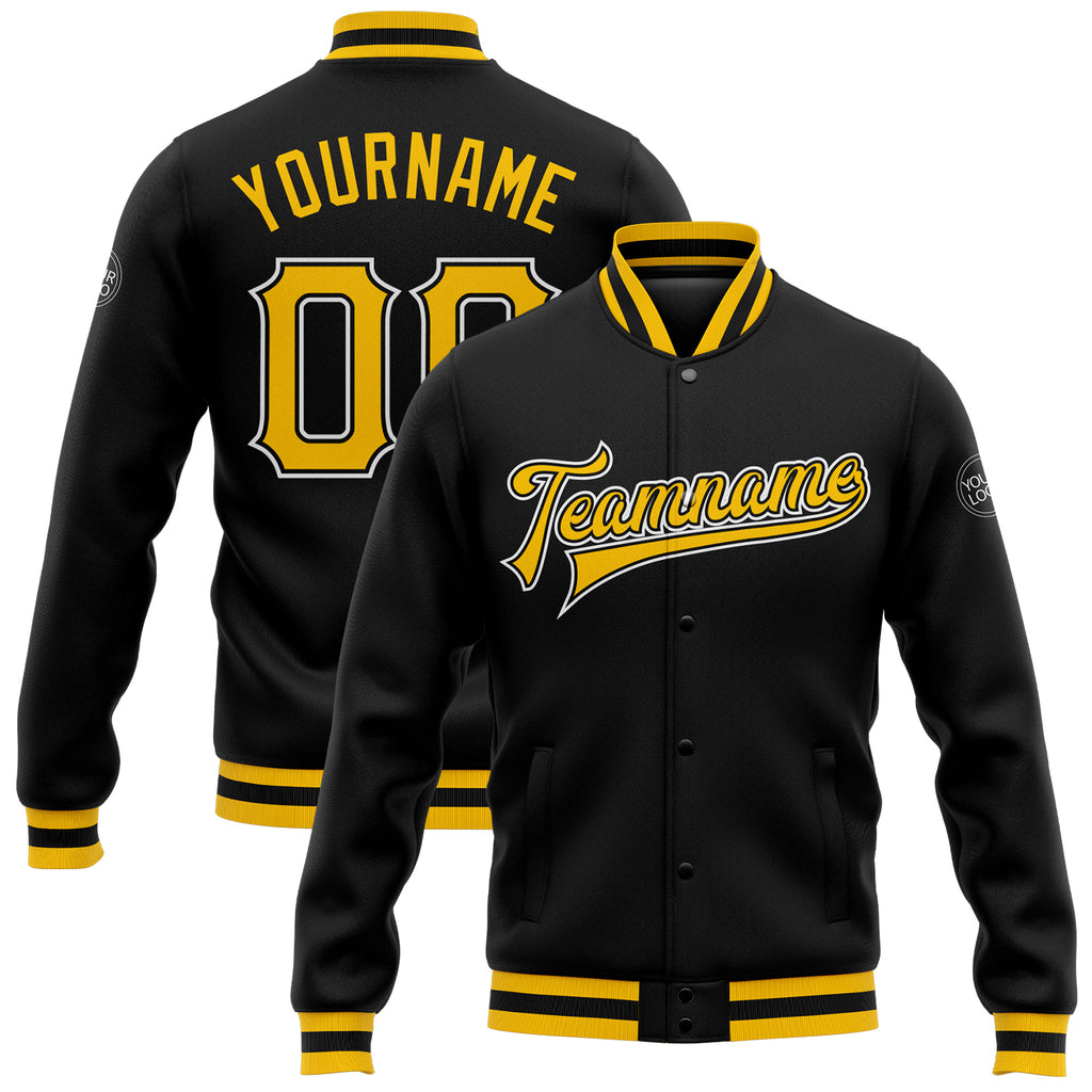 Custom Black Gold-White Bomber Full-Snap Varsity Letterman Jacket