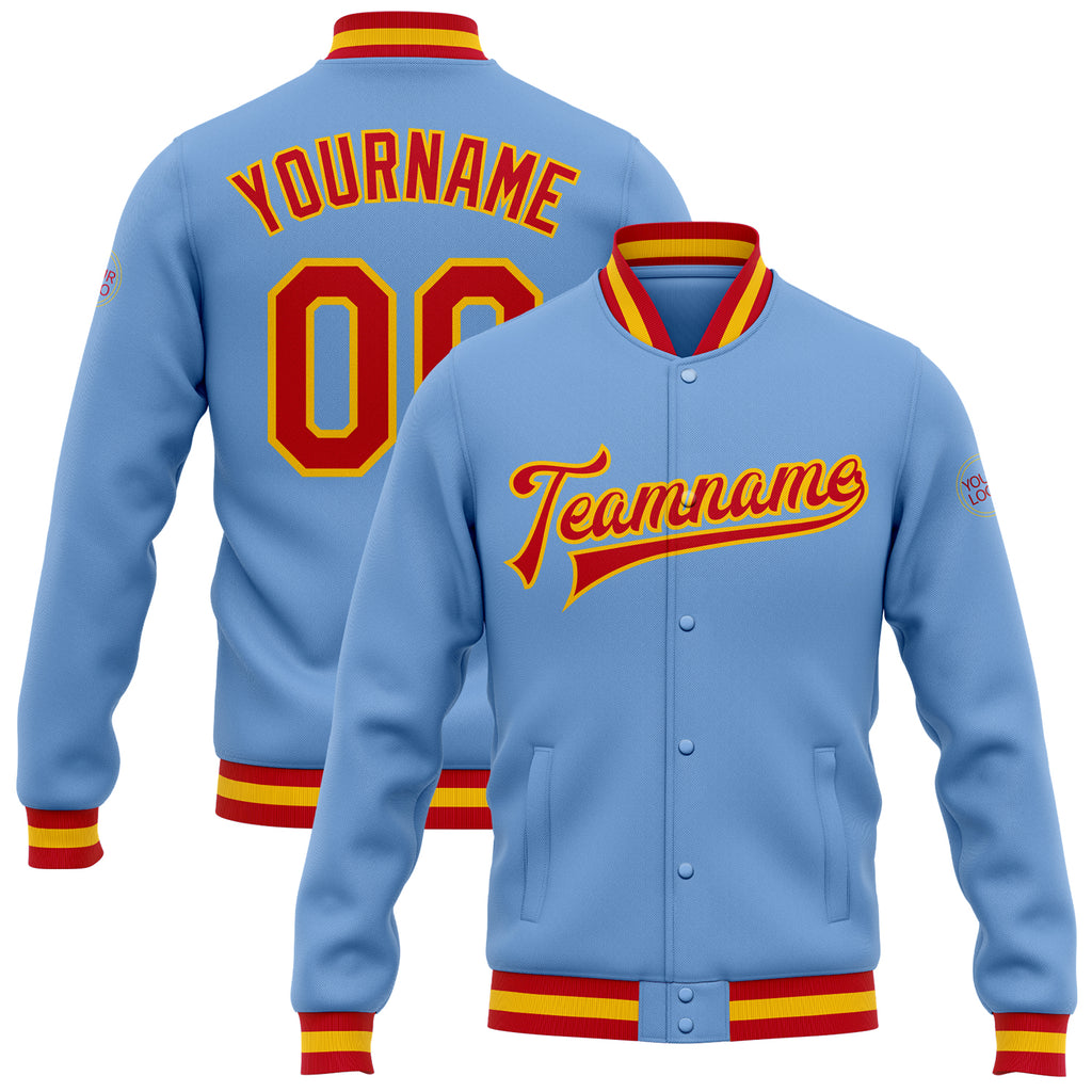 Custom Light Blue Red-Gold Bomber Full-Snap Varsity Letterman Jacket