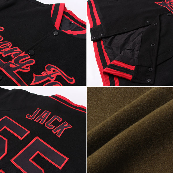 Custom Olive Red-Gold Bomber Full-Snap Varsity Letterman Salute To Service Jacket