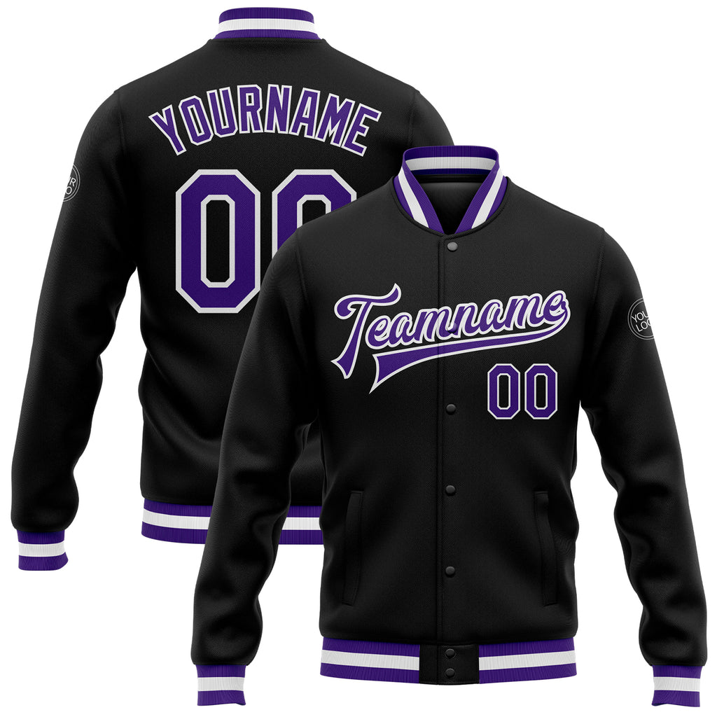 Custom Black Purple-White Bomber Full-Snap Varsity Letterman Jacket