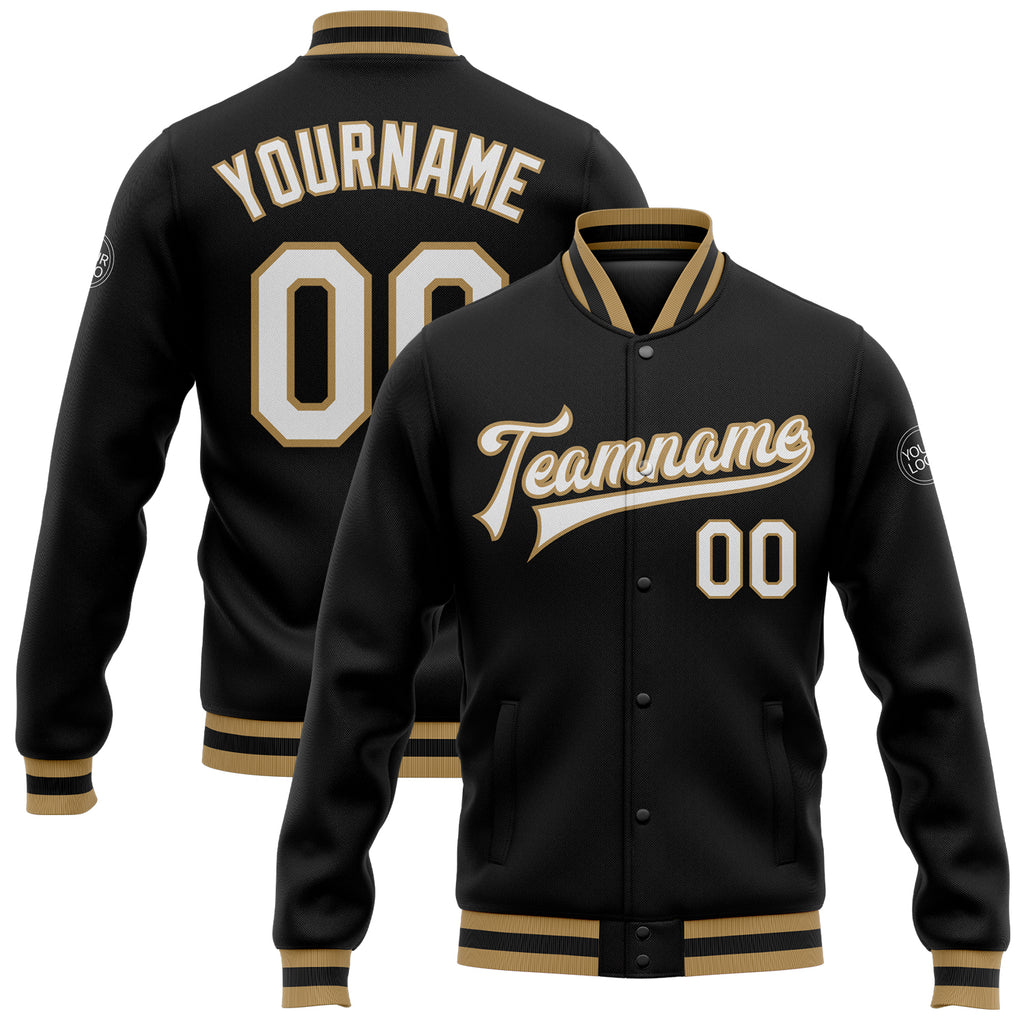 Custom Black White-Old Gold Bomber Full-Snap Varsity Letterman Jacket