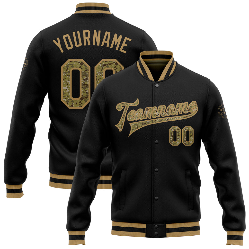 Custom Black Camo-Old Gold Bomber Full-Snap Varsity Letterman Jacket