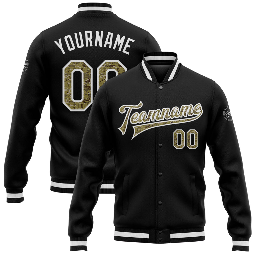 Custom Black Camo-White Bomber Full-Snap Varsity Letterman Jacket