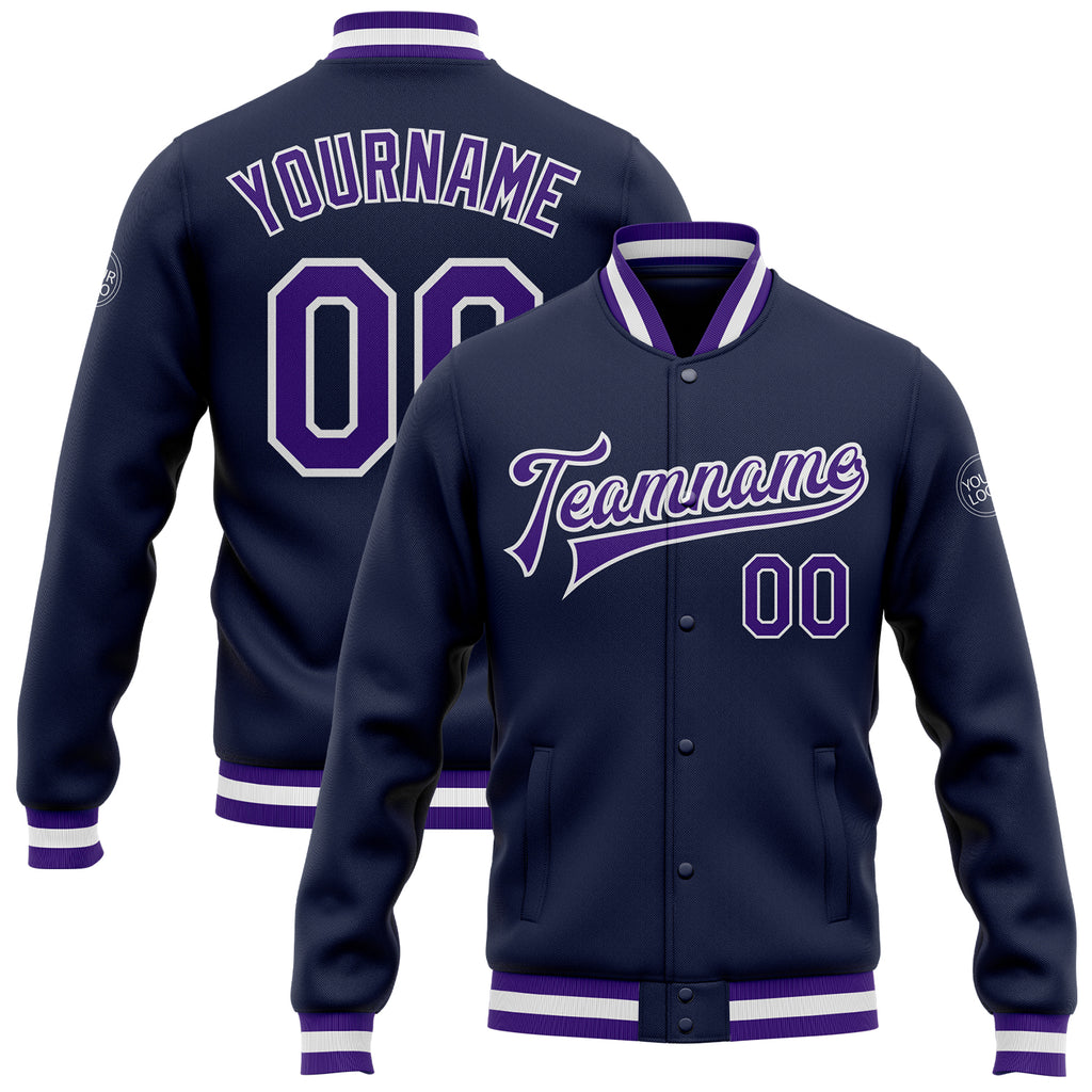 Custom Navy Purple-White Bomber Full-Snap Varsity Letterman Jacket