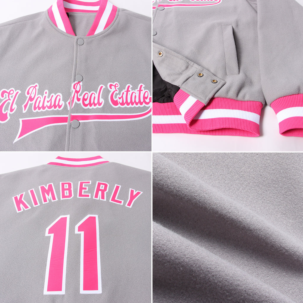 Cheap Custom Pink Teal-White Bomber Full-Snap Varsity Letterman