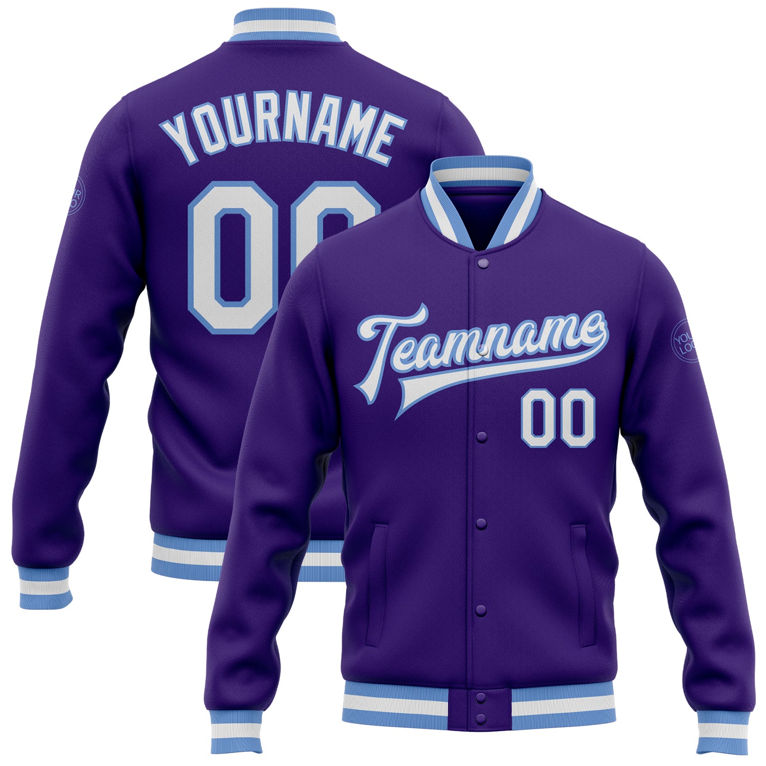 Cheap Custom Purple Light Blue-White Bomber Full-Snap Varsity