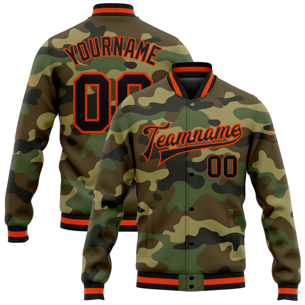 Custom Camo Black-Orange Bomber Full-Snap Varsity Letterman Salute To Service Jacket