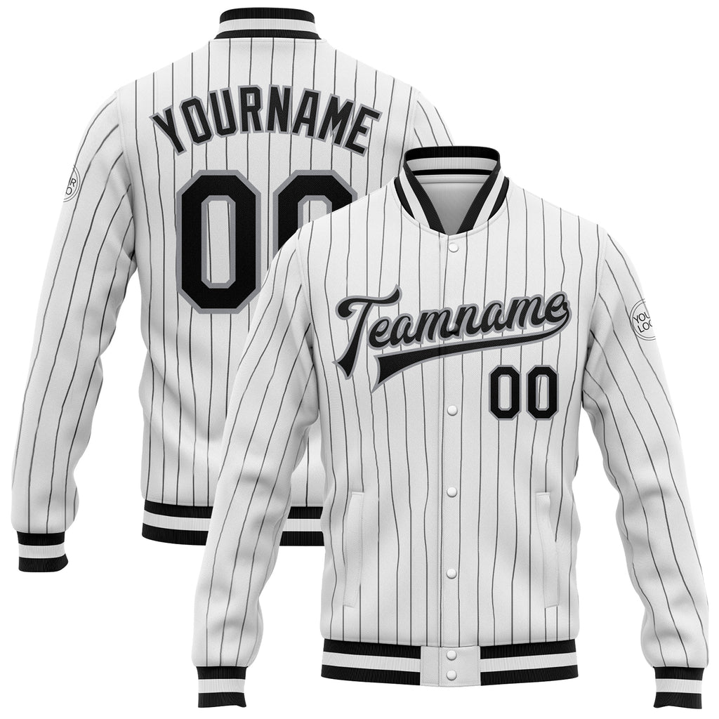 Custom White Black Pinstripe Black-Gray Bomber Full-Snap Varsity Letterman Jacket