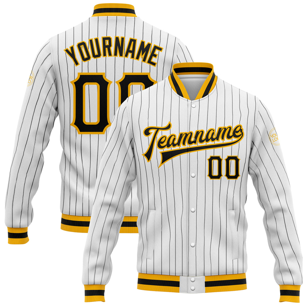 Custom White Black Pinstripe Black-Gold Bomber Full-Snap Varsity Letterman Jacket