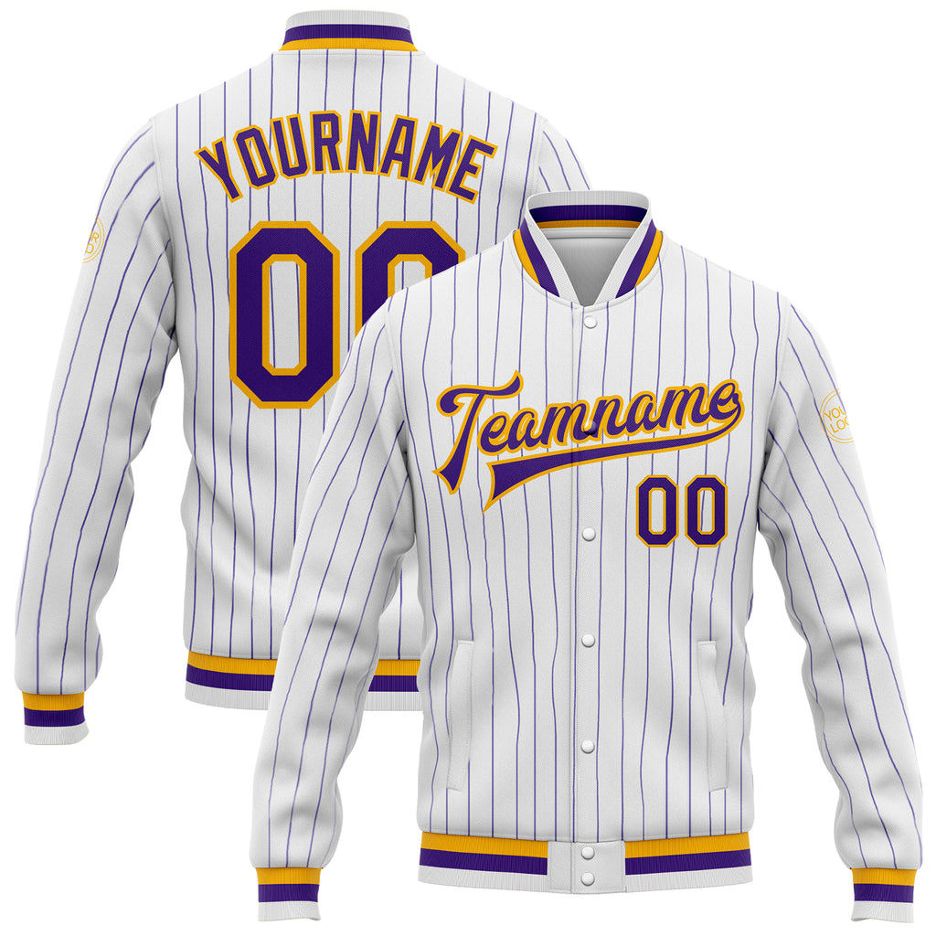 Custom White Purple Pinstripe Purple-Gold Bomber Full-Snap Varsity Letterman Jacket