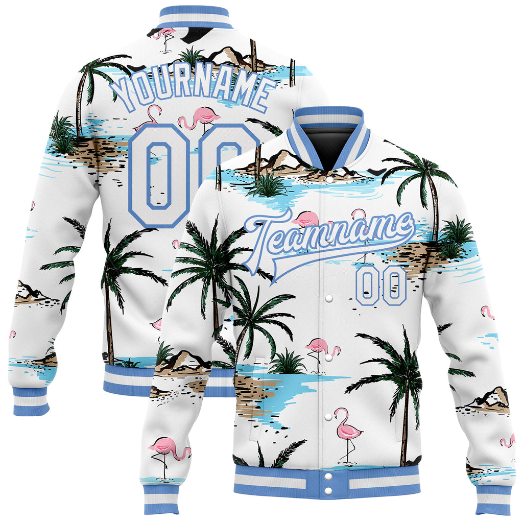 Custom White White-Light Blue Hawaii Palm Trees And Flamingo 3D Pattern Design Bomber Full-Snap Varsity Letterman Jacket