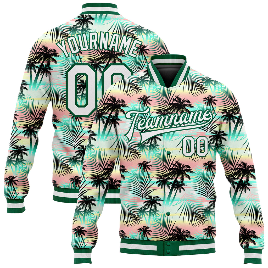 Custom White White-Kelly Green Hawaii Palm Trees 3D Pattern Design Bomber Full-Snap Varsity Letterman Jacket