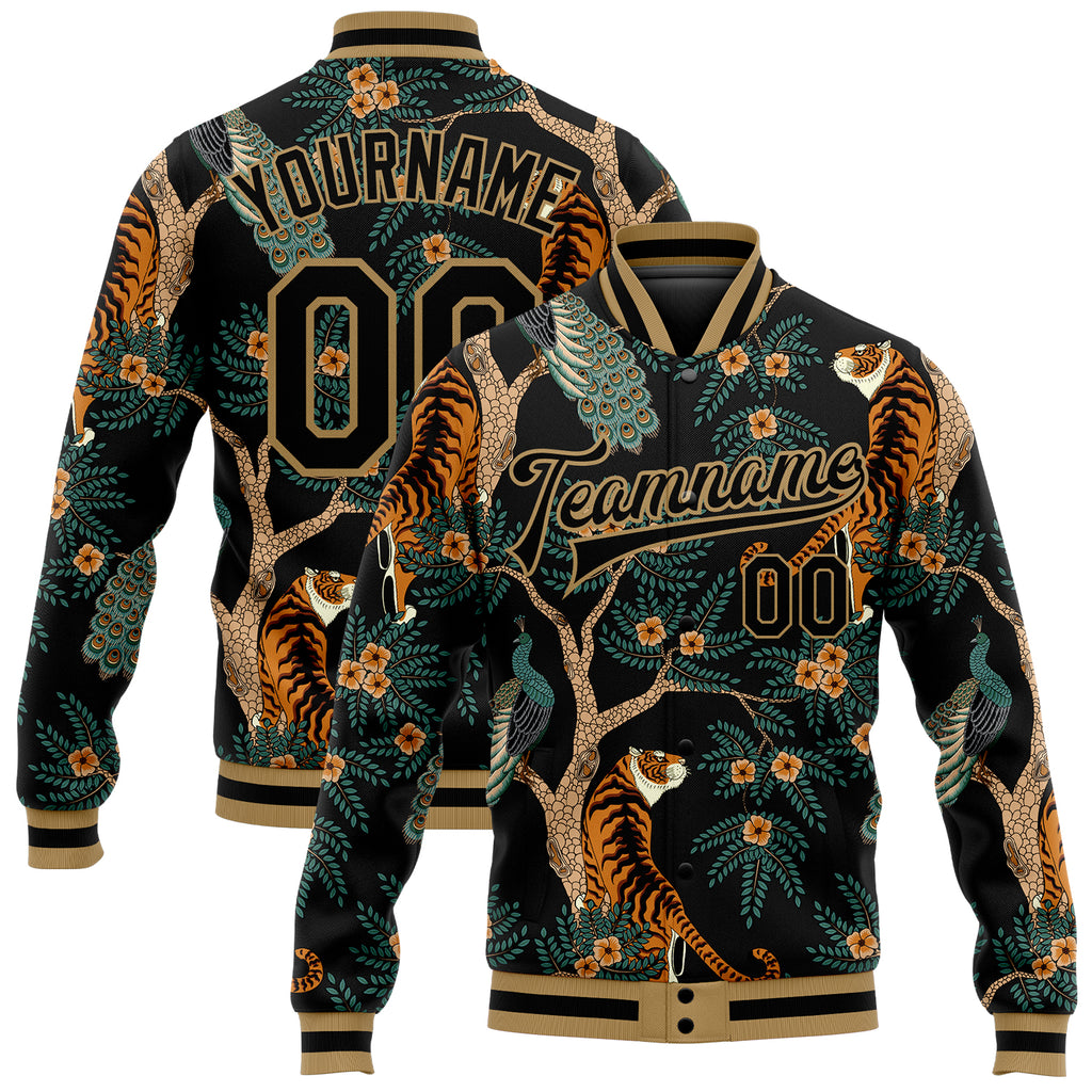 Cheap Custom Black Old Gold Tiger And Peacock Sublimation Soccer