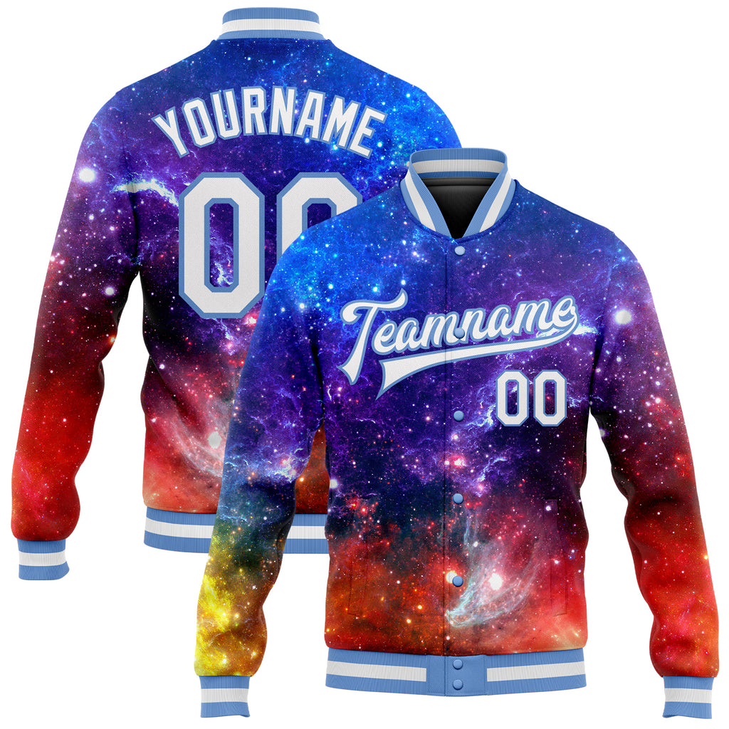 Custom Galactic White-Light Blue 3D Bomber Full-Snap Varsity Letterman Jacket