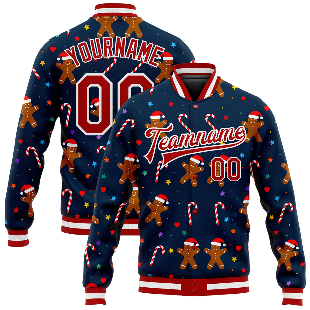 Custom Navy Red-White Christmas 3D Bomber Full-Snap Varsity Letterman Jacket