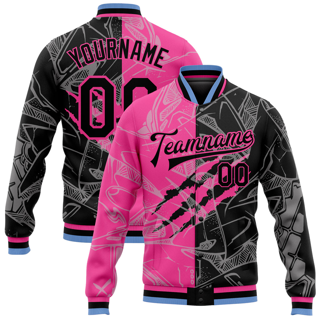 Custom Graffiti Pattern Black Pink-Light Blue Scratch 3D Bomber Full-Snap Varsity Letterman Jacket