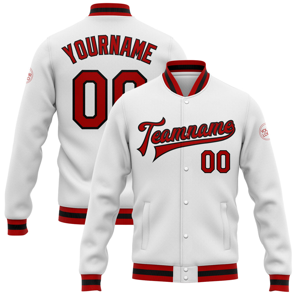 Custom White Red-Black Bomber Full-Snap Varsity Letterman Jacket