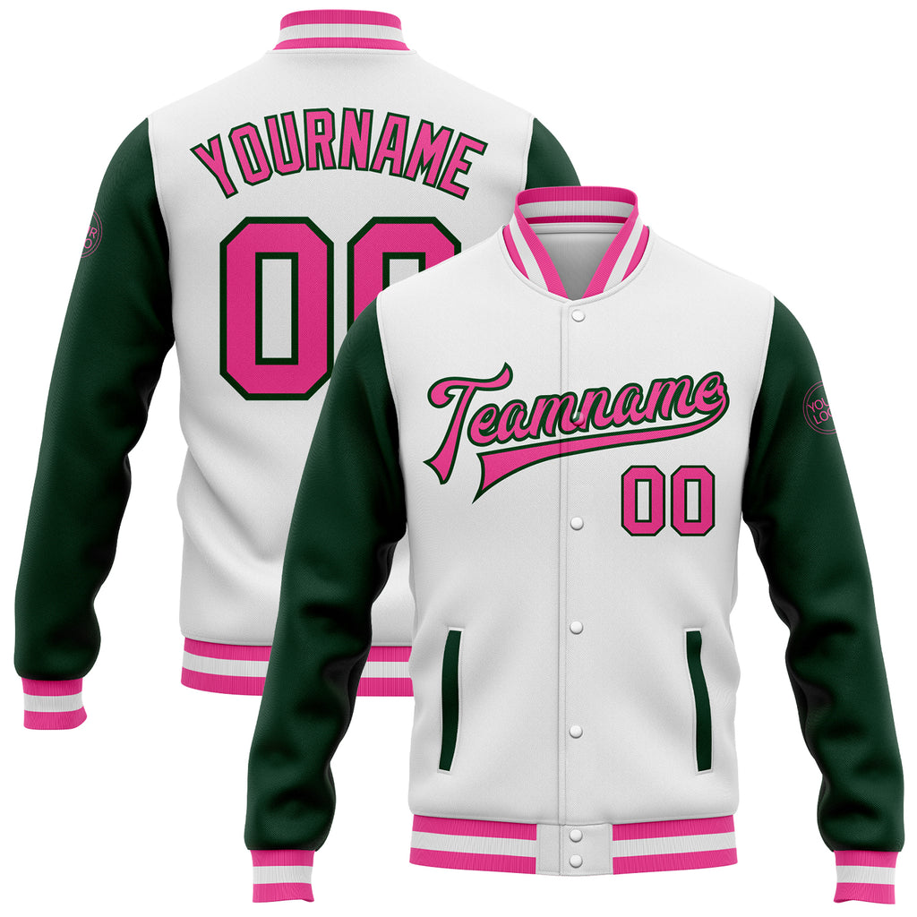 Custom White Pink-Green Bomber Full-Snap Varsity Letterman Two Tone Jacket