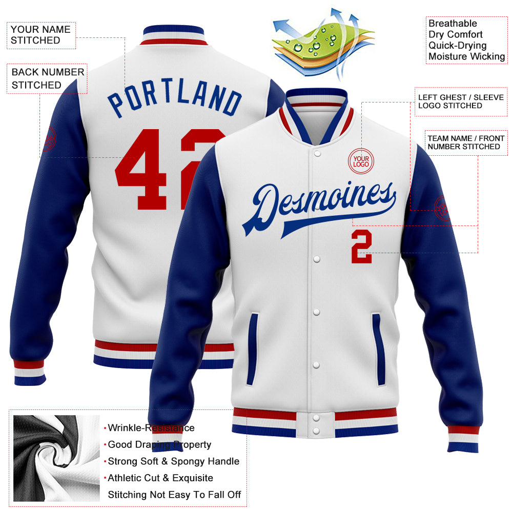 Custom White Red-Royal Bomber Full-Snap Varsity Letterman Two Tone Jacket