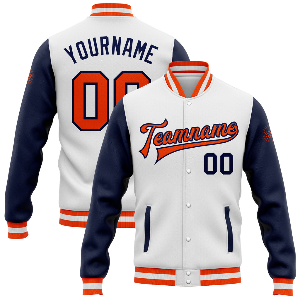 Custom White Orange-Navy Bomber Full-Snap Varsity Letterman Two Tone Jacket