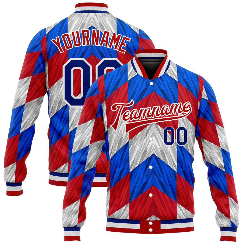 Custom Red Royal-White 3D Pattern Design Bomber Full-Snap Varsity Letterman Jacket