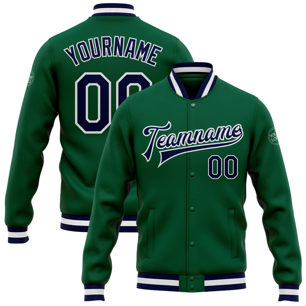 Custom Kelly Green Navy-White Bomber Full-Snap Varsity Letterman Jacket