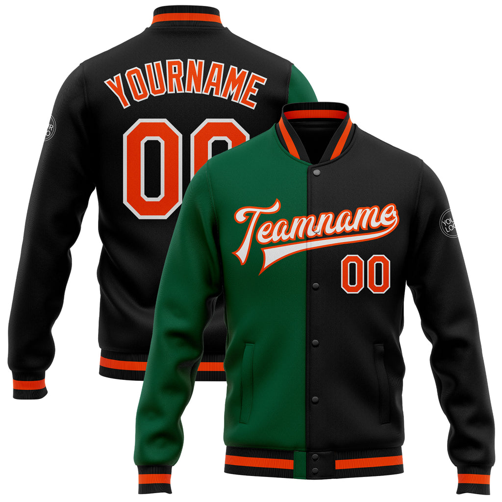 Custom Black Orange-Kelly Green Bomber Full-Snap Varsity Letterman Split Fashion Jacket