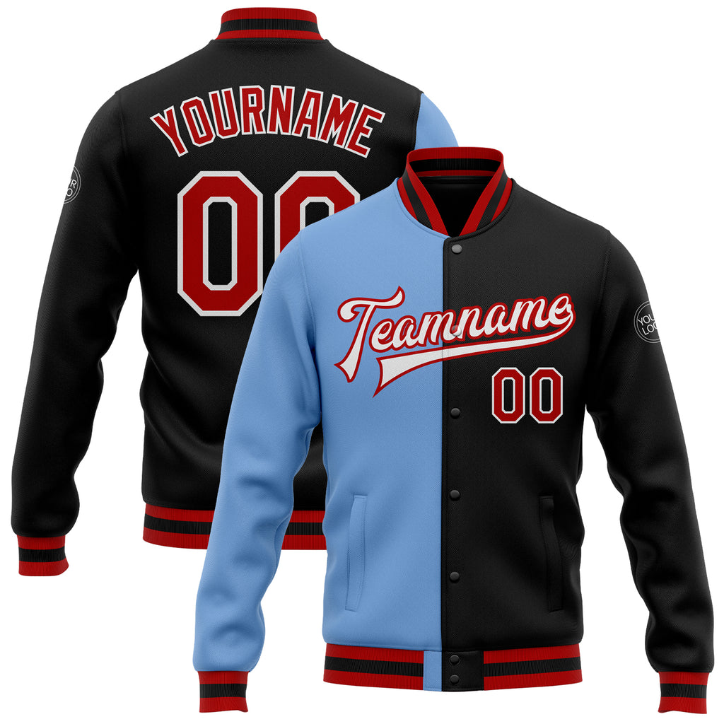 Custom Black Red-Light Blue Bomber Full-Snap Varsity Letterman Split Fashion Jacket