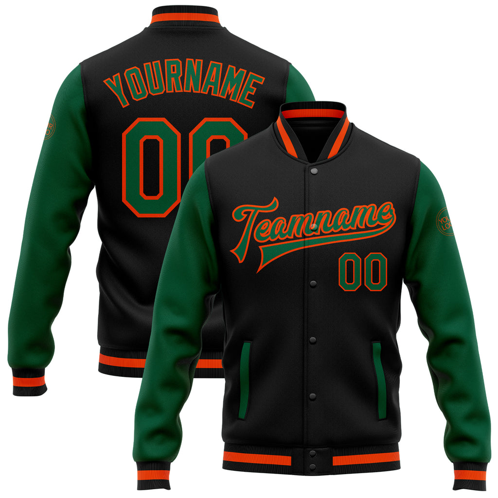 Custom Black Kelly Green-Orange Bomber Full-Snap Varsity Letterman Two Tone Jacket