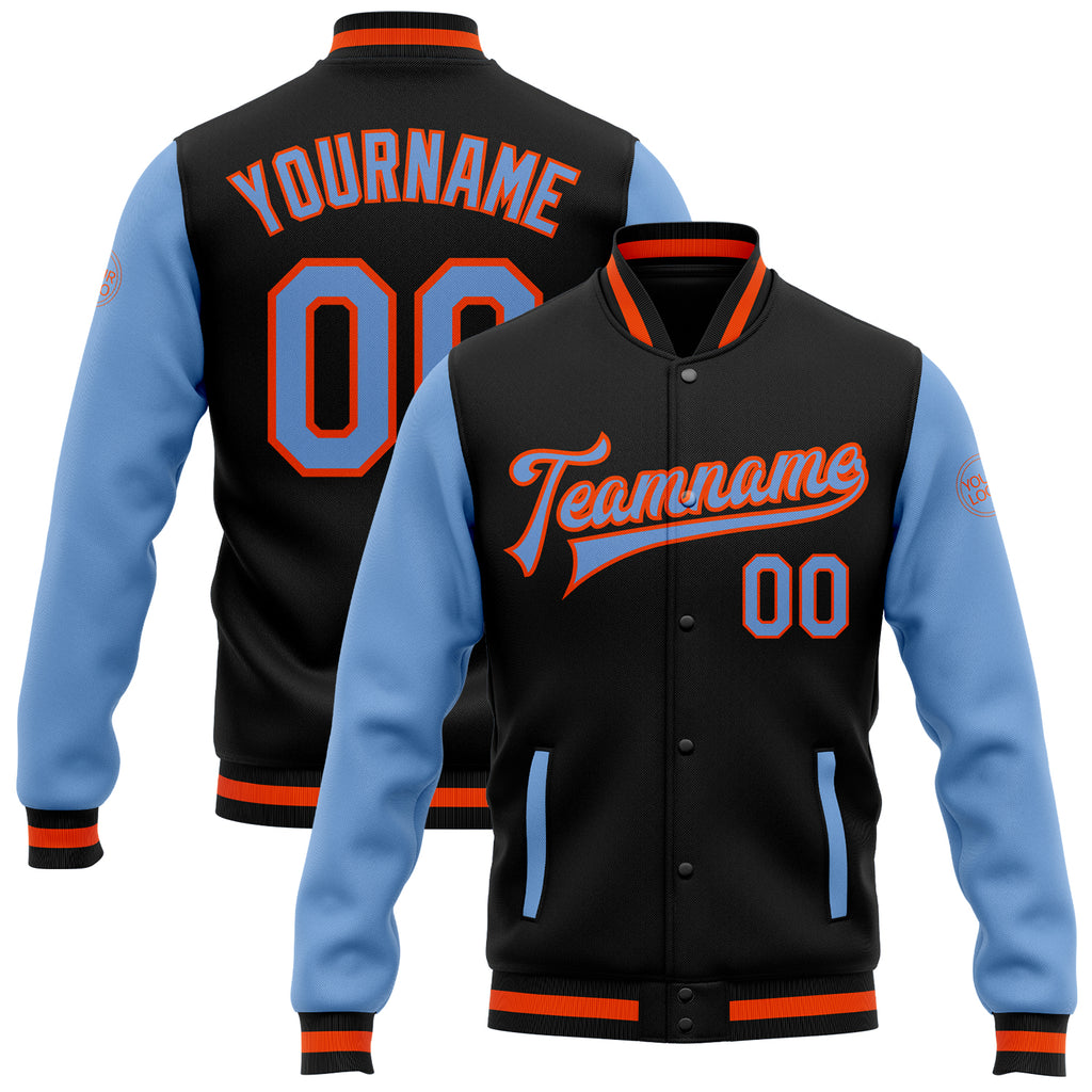 Custom Black Light Blue-Orange Bomber Full-Snap Varsity Letterman Two Tone Jacket