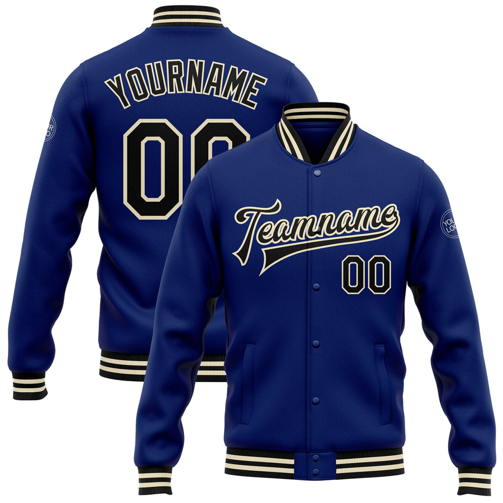 Custom Royal Black-Cream Bomber Full-Snap Varsity Letterman Jacket