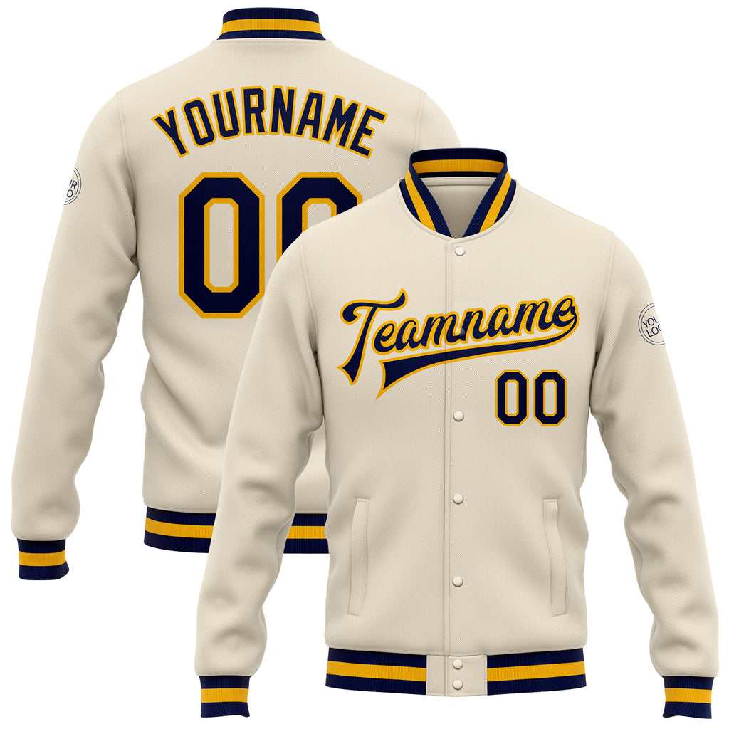 Custom Cream Navy-Gold Bomber Full-Snap Varsity Letterman Jacket