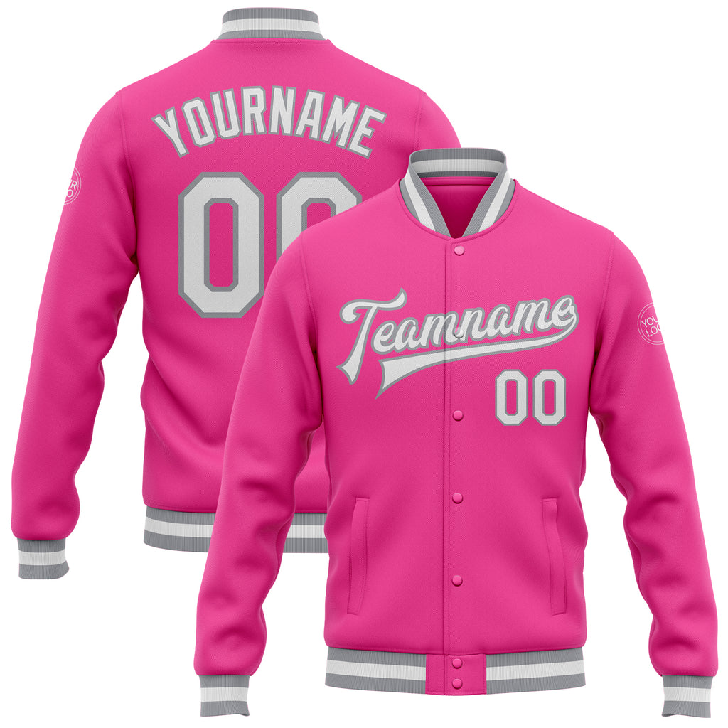 Custom Pink White-Gray Bomber Full-Snap Varsity Letterman Jacket