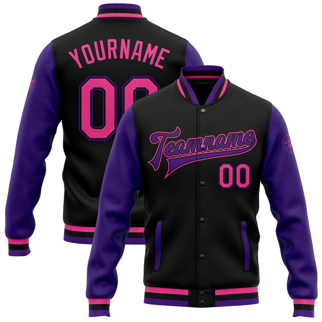 Custom Black Pink-Purple Bomber Full-Snap Varsity Letterman Two Tone Jacket