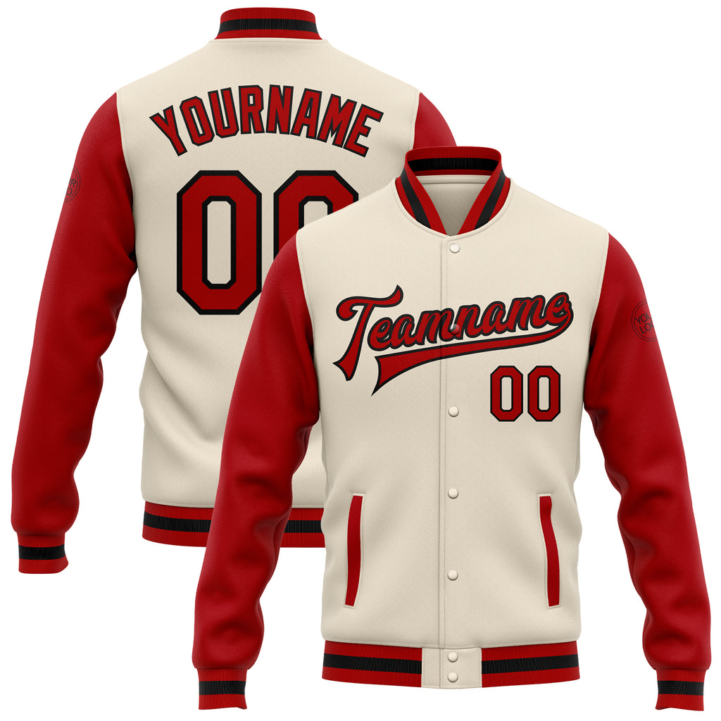 Custom Cream Red-Black Bomber Full-Snap Varsity Letterman Two Tone Jacket