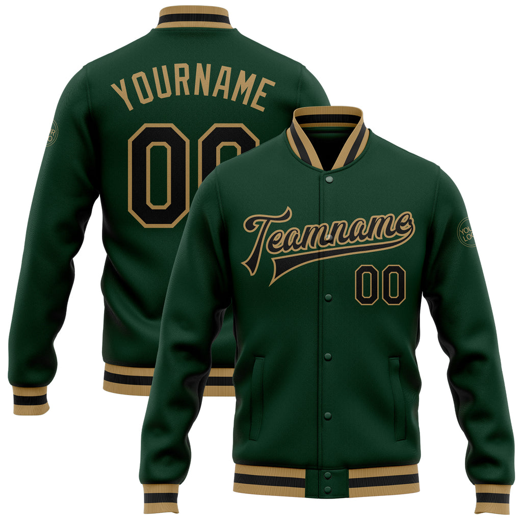 Custom Green Black-Old Gold Bomber Full-Snap Varsity Letterman Jacket