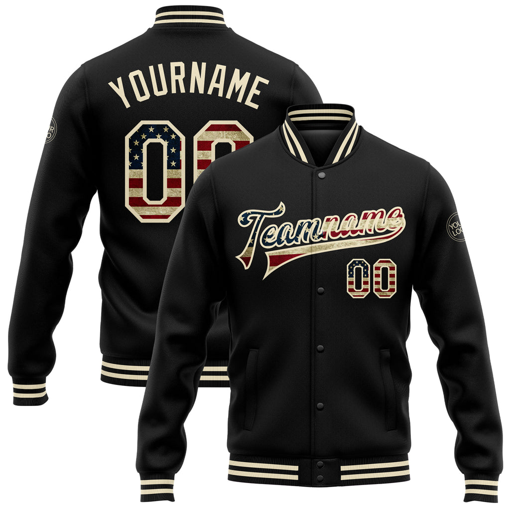 Custom Black Vintage USA Flag-Cream Bomber Full-Snap Varsity Letterman Jacket