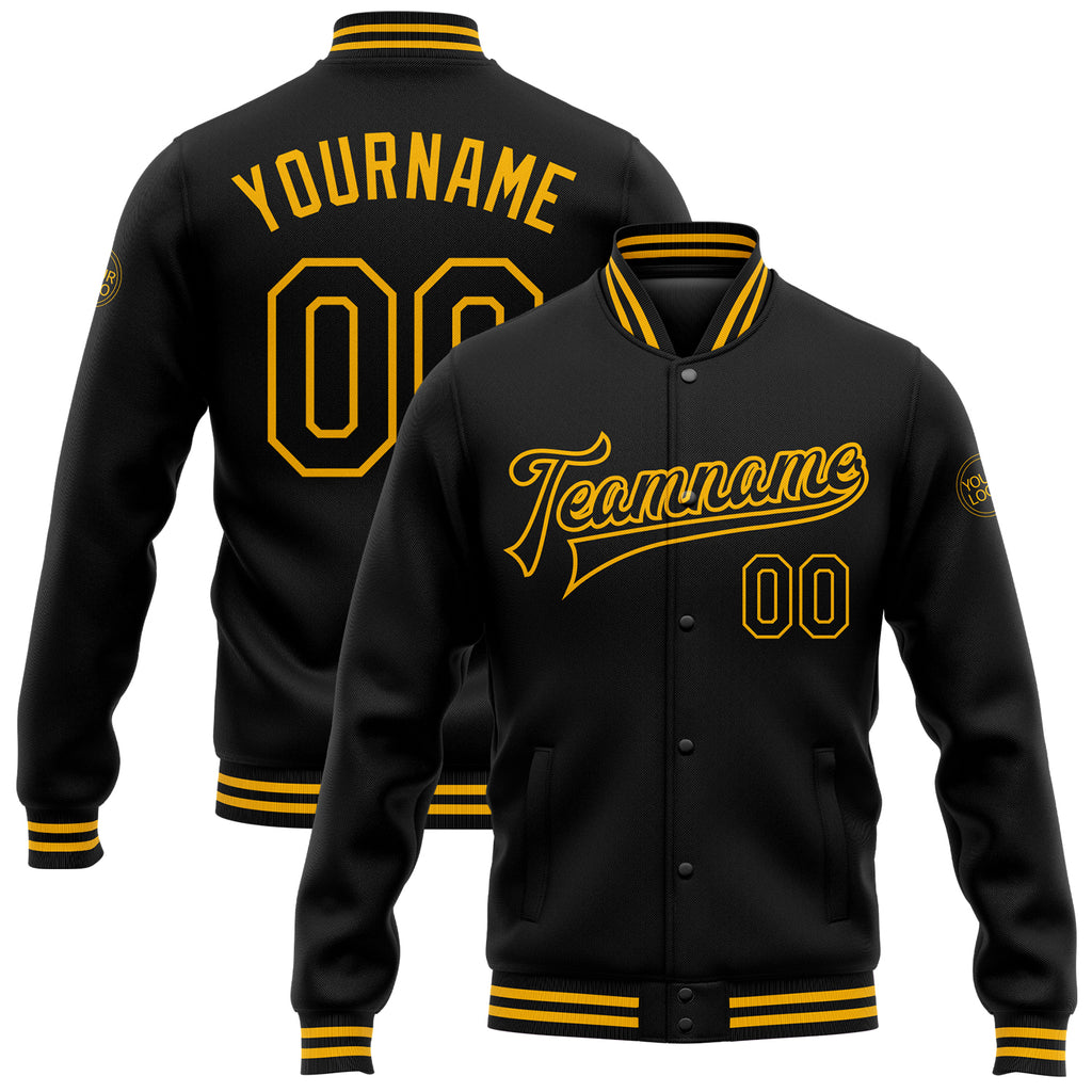 FIITG Custom Black Black-Gold Bomber Full-Snap Varsity Letterman Jacket Women's Size:S