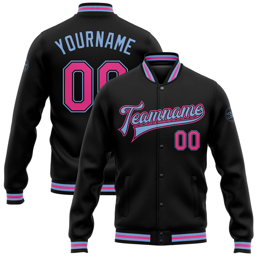 Custom Black Pink-Light Blue Bomber Full-Snap Varsity Letterman Jacket