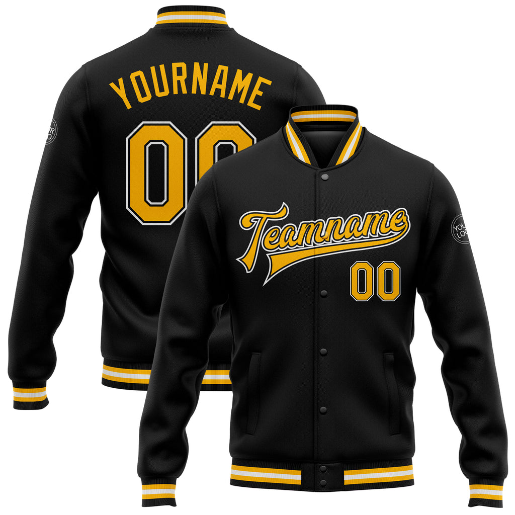 Custom Black Gold-White Bomber Full-Snap Varsity Letterman Jacket