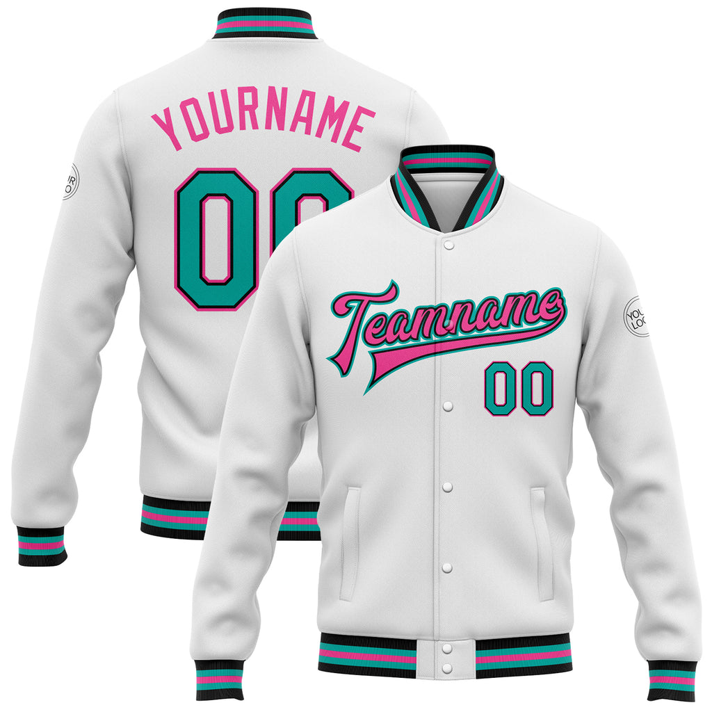 Custom White Aqua Black-Pink Bomber Full-Snap Varsity Letterman Jacket