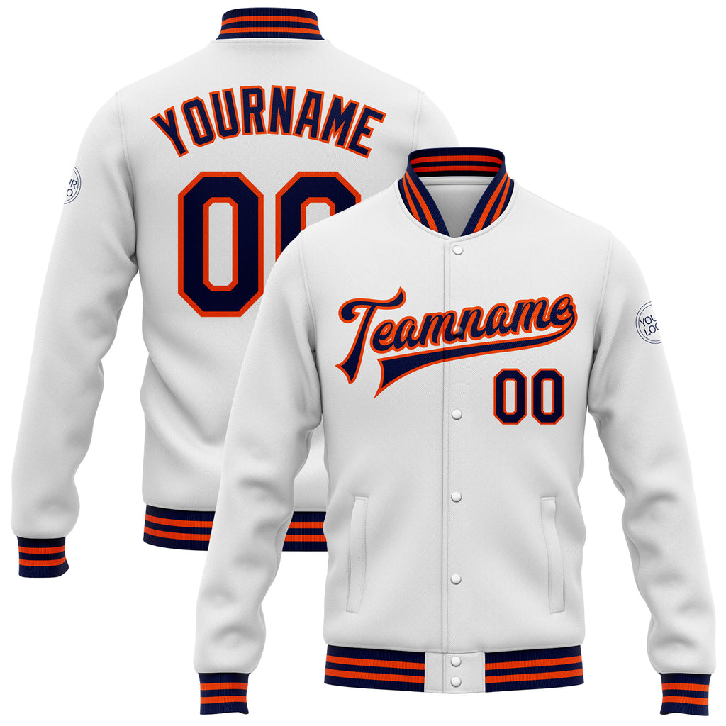 Custom White Navy-Orange Bomber Full-Snap Varsity Letterman Jacket