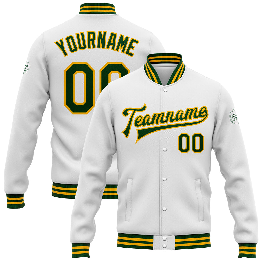 Custom White Green-Gold Bomber Full-Snap Varsity Letterman Jacket