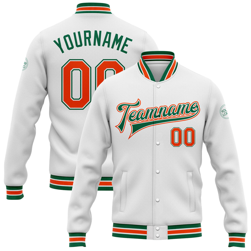 Custom White Orange-Kelly Green Bomber Full-Snap Varsity Letterman Jacket