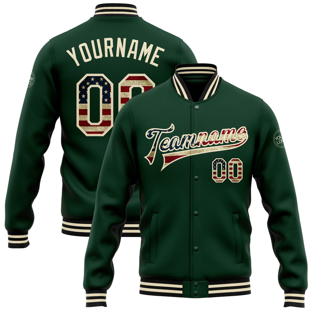 Custom Green Vintage USA Flag Cream-Black Bomber Full-Snap Varsity Letterman Jacket